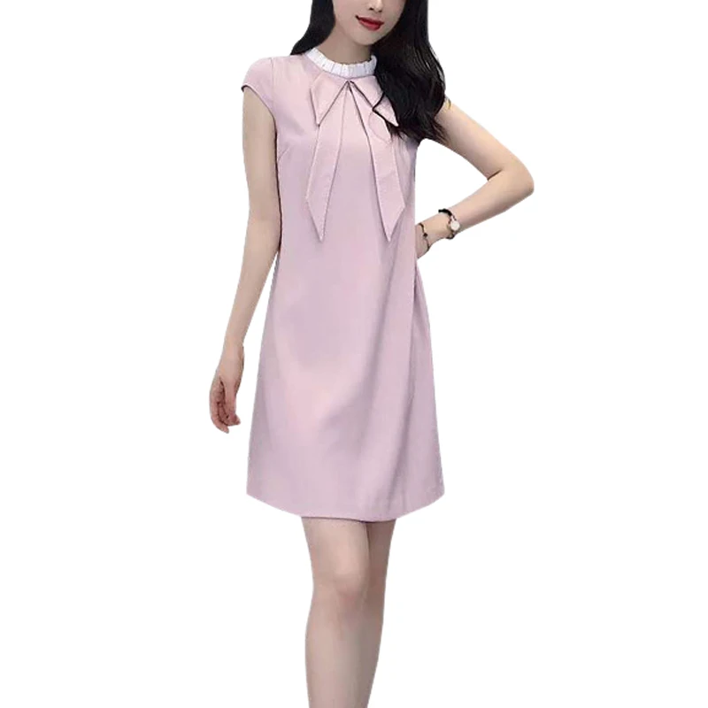 korean cute t-shirt dress pleated white collar stitched tie bow plus size short elegant dress large size women's sundress sale