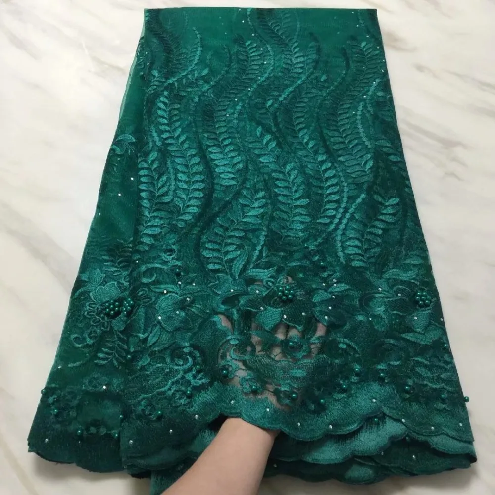 Высокое качество Африканский шнурок ткань изумрудно-зеленый французская сетчатая вышивка расшитый бисером кружевной тюль ткань для нигерийские вечерние платье