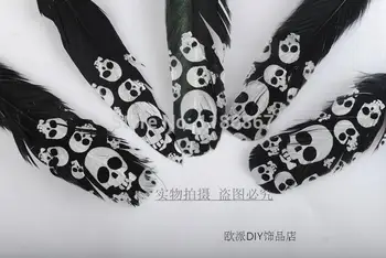 

Top Quality Print Silver Skull Black Feather,50pcs/lot, Length About 13CM,Beautiful Turkey Feather DIY decoration Feather KX59