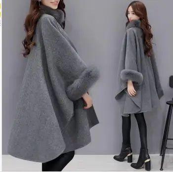 

2018 fashion coat winter new fur collar long wool woolen coat temperament cloak shawl coat 201865