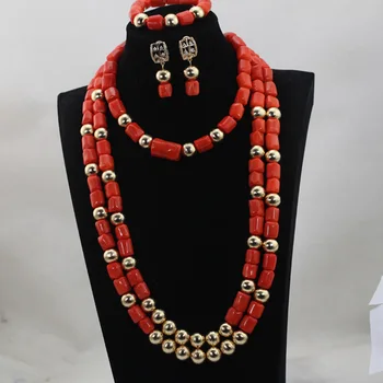 

Latest Nigerian lWomen Wedding Coral Beads Jewelry Set Long Bead 28inches Statement Necklace Set Dubai Gold Free Shipping QW317