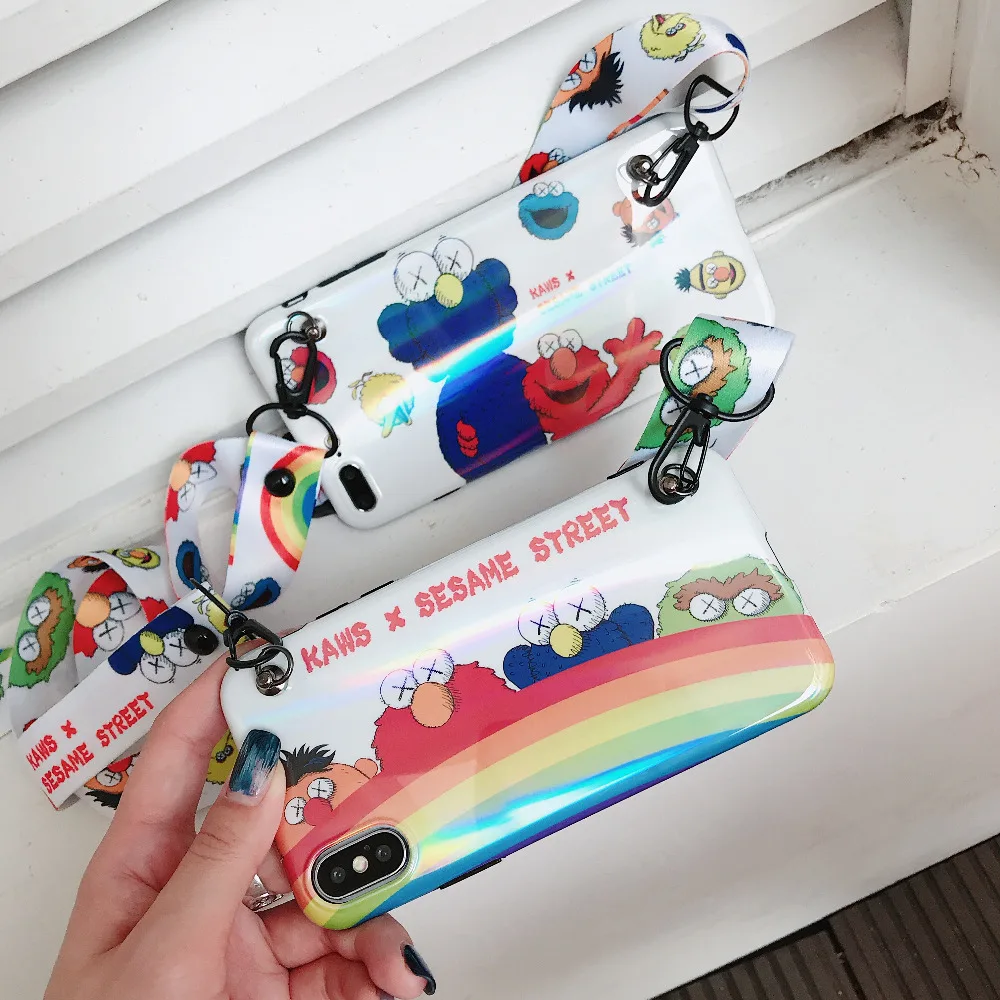 

maosenguoji aurora cute cartoon lanyard Sesame Street kaws Mobile Phone Case for iphone 6 6s 6plus 7 8plus X XR XS MAX fashion