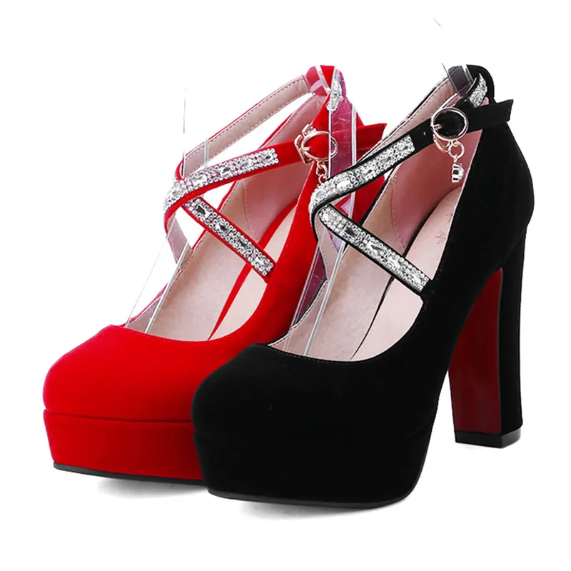 

Women pumps sexy high heeled footwear sexy Cross straps thick heels platform shoes lady red wedding bridal shoes women heels 43