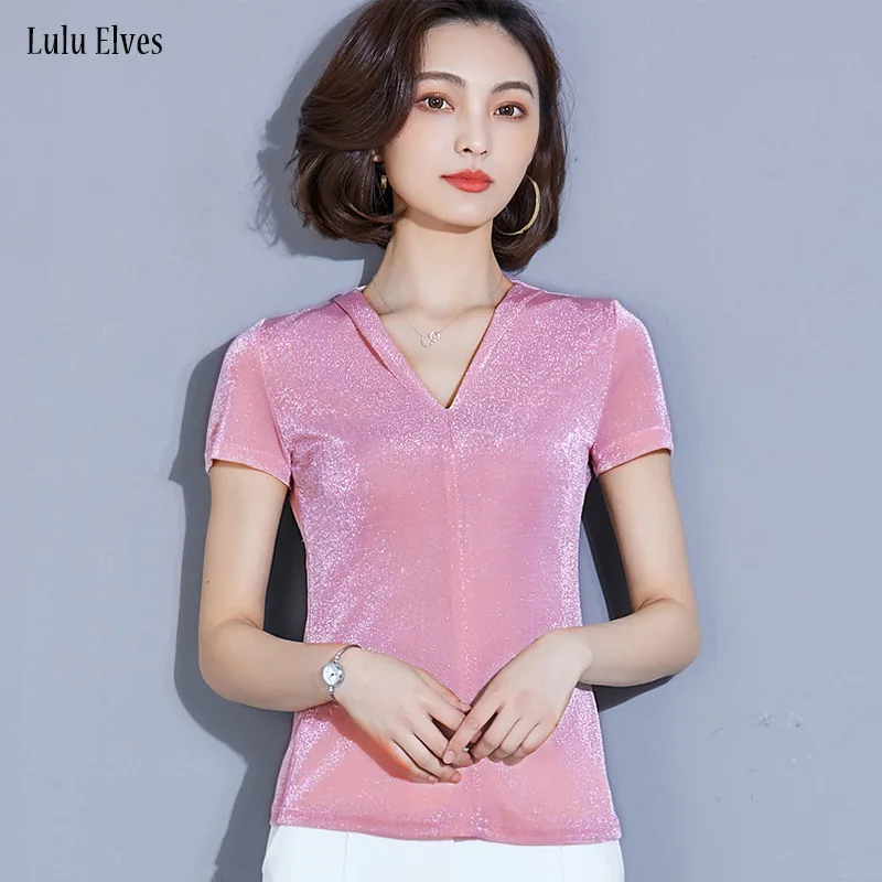 

Plus Size Women T shirts Summer New V-neck Solid Tops Fashion Slim Light Silk Wild Short Sleeve T-shirt Female Bottoming Shirts
