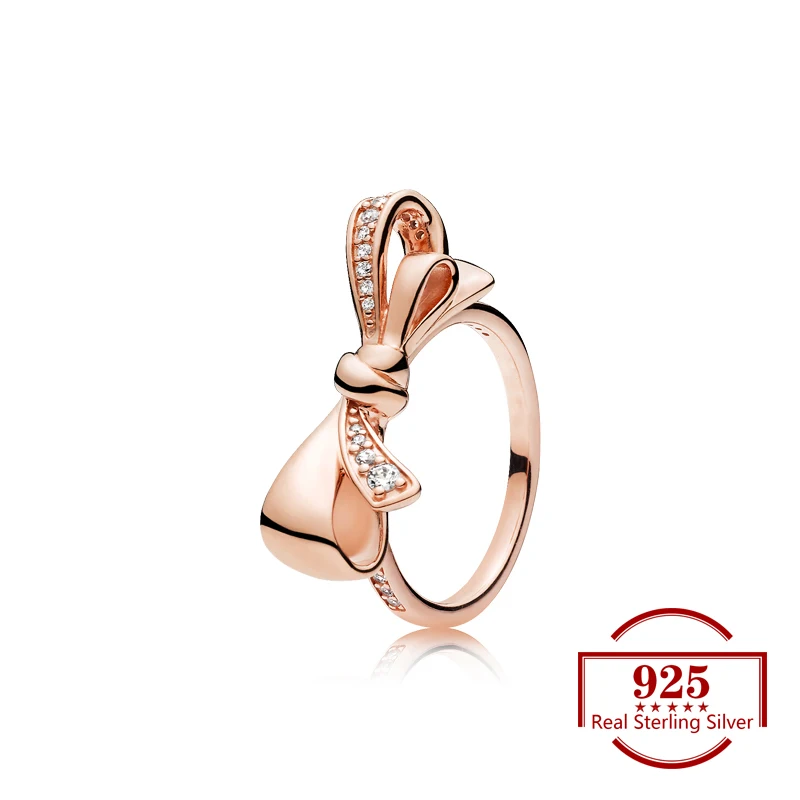 

925 Sterling Silver Rose Gold Color Bow Zircon Ring ForTrendy Jewelry Original Ring Women Jewelry Wedding Party Lover Lover Gift