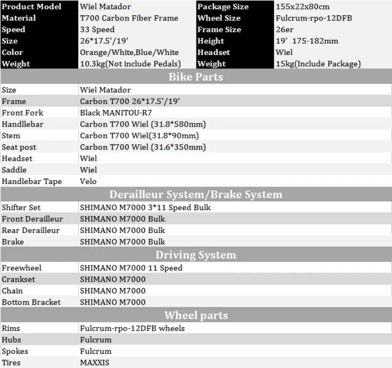 Top WIEL Matador 33 Speed Carbon Fiber MTB Mountain Bike 26" Ultralight  Bicycle Cycle M7000 Derailleur System MANITOU FORK 10.3kg 4