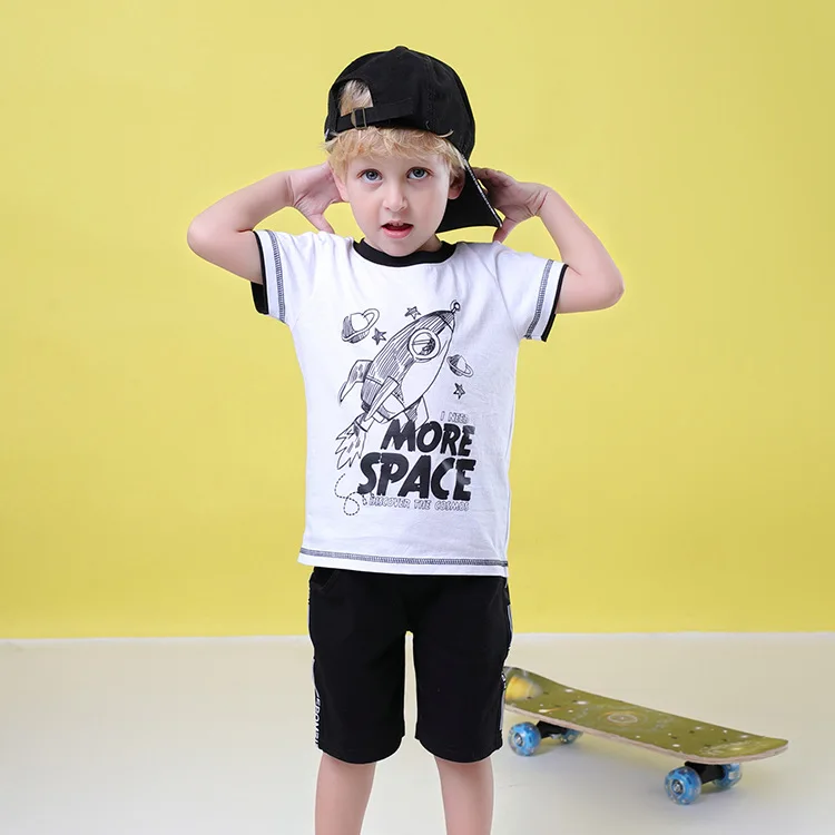 

Summer Children Suit 2019 Cotton O-neck Cartoon Small Rocket Printing T- Shirt Stripe Shorts Casual Little Boys Clothes Set
