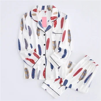 

Feather Print Women's Pajamas Set Brushed Combed Cotton Pajamas Two Piece Set Sleepwear