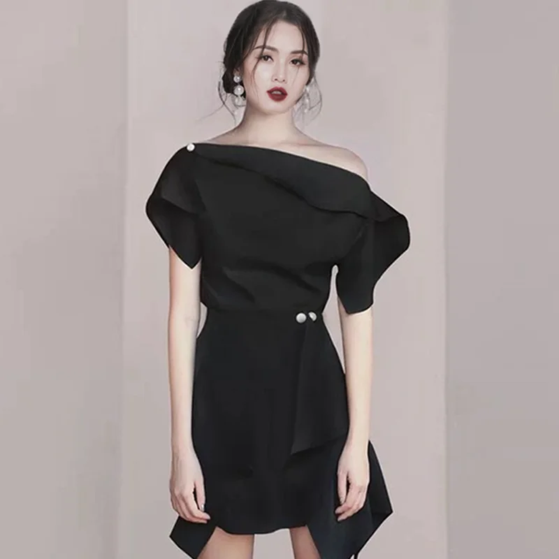 

Women Oblique Black Vestidos Summer High Waist Solid Mini Irregular Two Piece Set Sexy Dress