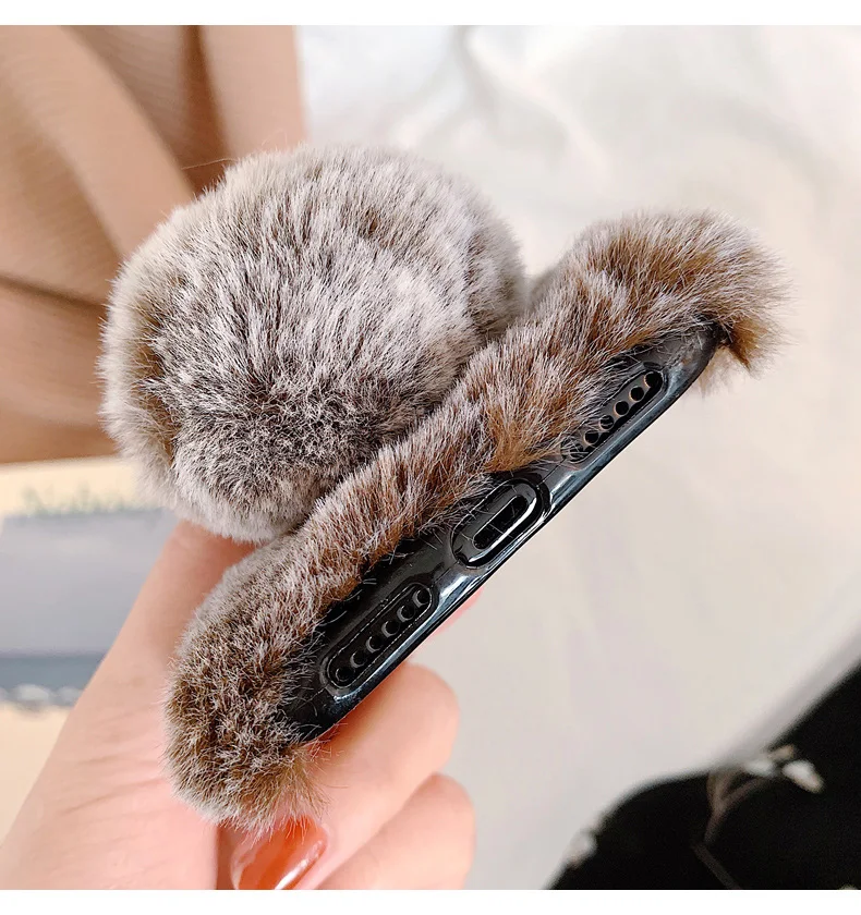 Чехол для телефона с милым кроликом и теплой шерстью для iPhone Xs Max XR X 8 7 6 S 6s Plus 5 S 5 S SE 4 4S чехол с бриллиантами и плюшевой подкладкой из мягкого ТПУ