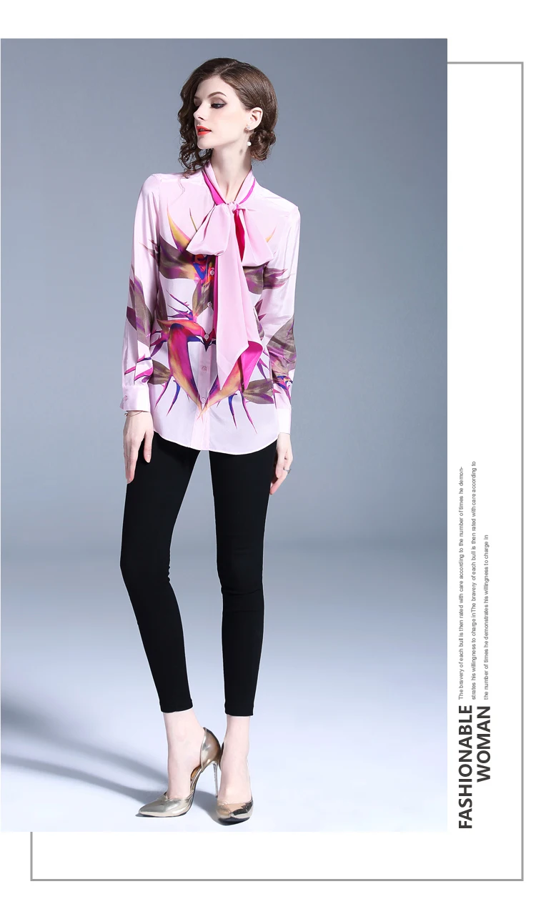 Женская шифоновая блузка с бантом, модельная дизайнерская рубашка с длинным рукавом и принтом птиц, топы со шнуровкой и V-образным вырезом, розовая рубашка, лето