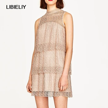 

Cascading Ruffles Lace Mini Dress Women Nice Spring Summer Sleeveless Stand Collar Dresses Women Vintage Dress Vestidos Female