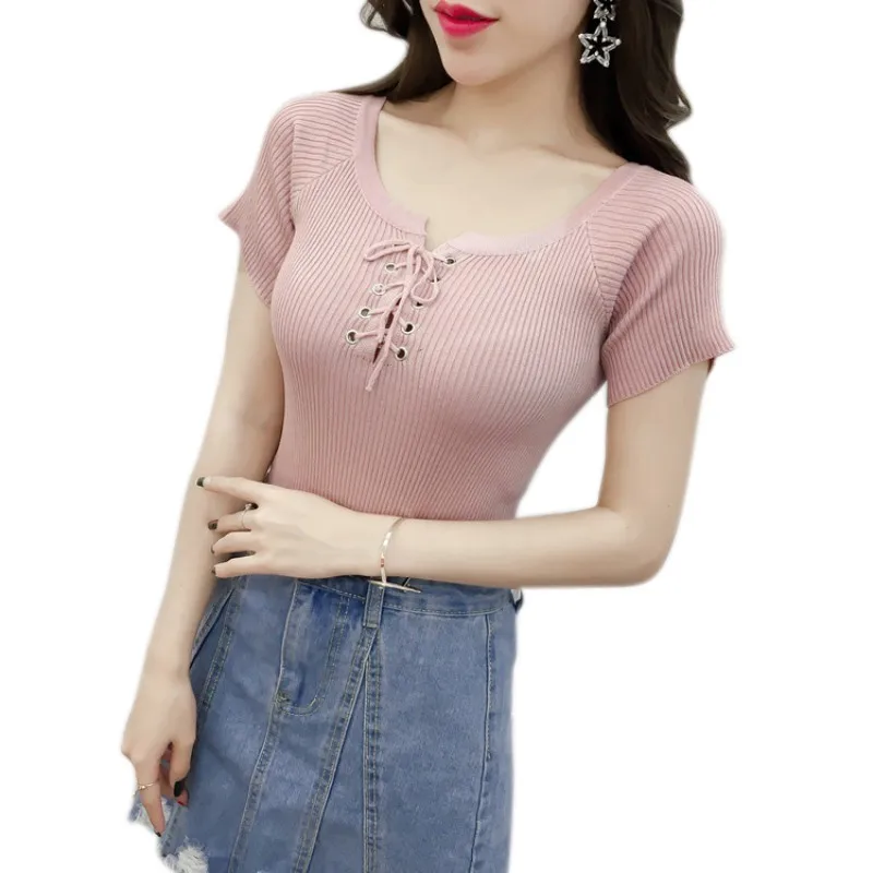

Women Summer T-Shirt Sweet Short Sleeves Knitted T shirt Top Front Lace Up Summer Tops