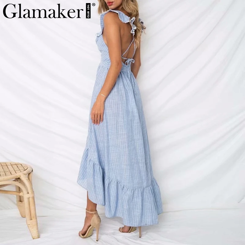 Glamaker Ruffle lace up blue sexy dress Women backless high waist turn down maxi dress Beach winter dress 2018 vestidos sundress