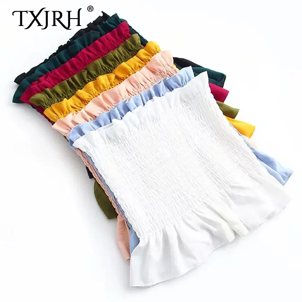 

TXJRH Sexy Candy Colors Elastic Ruched Fold Ruffles Hem Wood Ears Fitness Slim fit Tight Tank Tops Short Crop Tee Women 8 Color