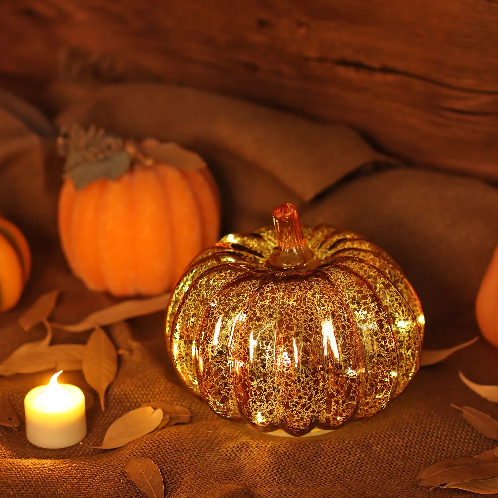 GiveU Mercury Glass Antique Pumpkins LED Light with Timer for Autumn