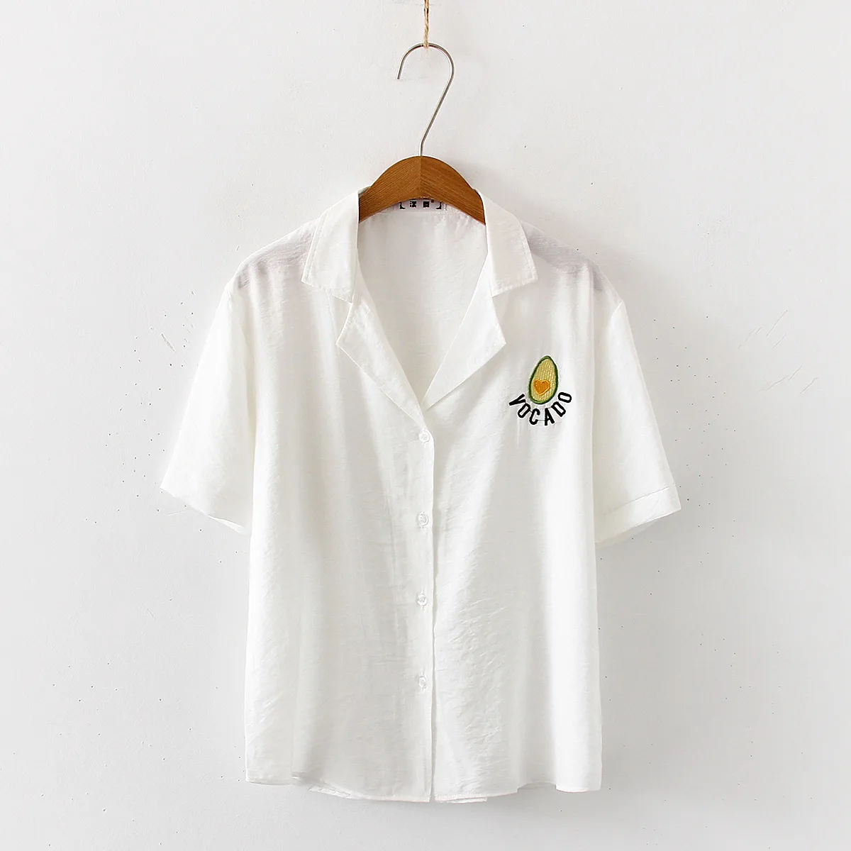 

Women Summer Short Sleeve Avocado Embroidery Solid Loose Top Blouses Casual Cotton Linen Office Shirt Blouses