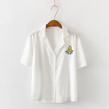 

Women Summer Short Sleeve Avocado Embroidery Solid Loose Top Blouses Casual Cotton Linen Office Shirt Blouses