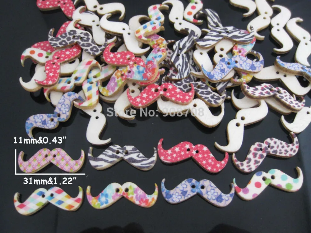 

Free shipping 100Pcs Randomly Printing Moustache pattern Wood sewing Buttons 2 holes Jewelry Buttons For Craft