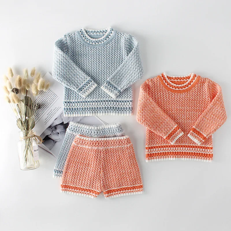 Одежда для маленьких девочек Одежда для новорожденных вязаная одежда для маленьких мальчиков Детский свитер топы+ шорты комплект одежды для малышей из 2 предметов