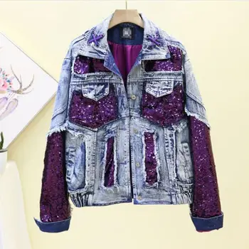 

Thick Sequins Spliced Thick Denim Jacket For Women Loose Fashion Harajuku BF Short Jean Coat Unisex Autumn Female jacket