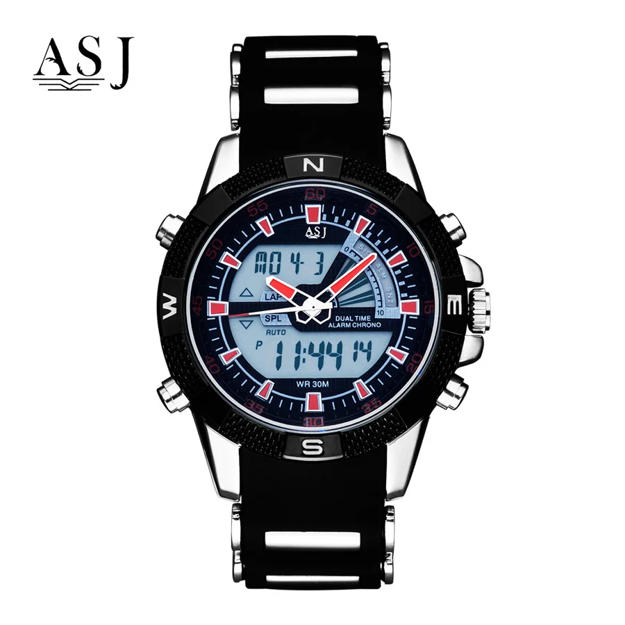 

ASJ Male Watch Double Display Dual Movement Men's Sports Waterproof Imported Silicone Strap Stainless Steel Strap Multi-function