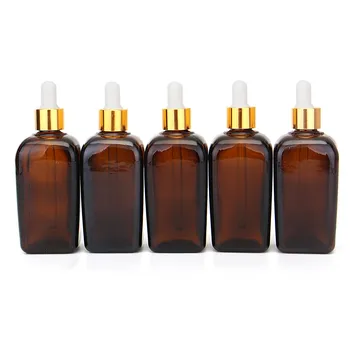 

10/20/30/50/100ml 5PCS Empty Glass Aromatherapy Bottle Containers Square Amber Essential Oils Bottles With Eye Dropper Gold Cap