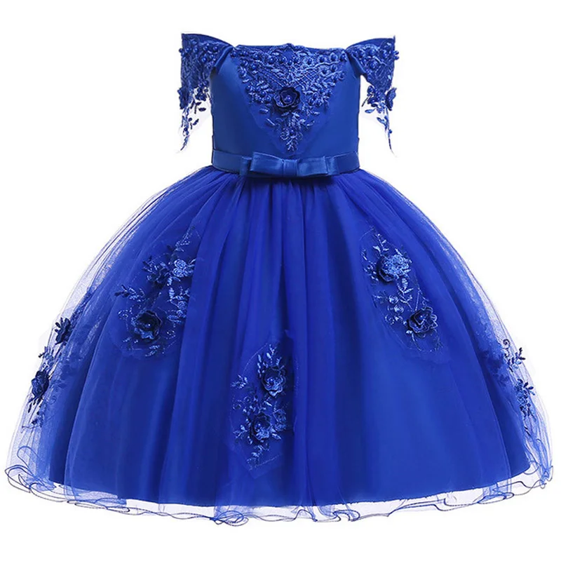 Элегантное платье принцессы для маленьких девочек; вечернее платье для дня рождения; свадебное платье с цветочным узором для девочек; детская одежда - Цвет: Dark blue
