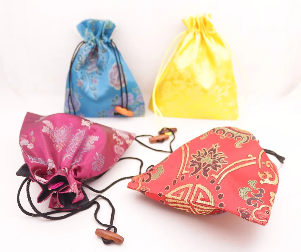 

10pcs Brocade multi color manmade silk cloth jewelry bag pouch wood