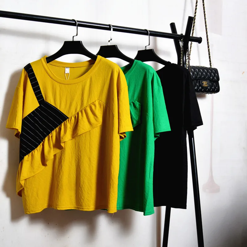 

2019 Spring and Summer Cotton Casual T-shirts Korean Irregular Lotus Edge Stitching Fake Two Short Sleeve T-shirts Loose T-shirt