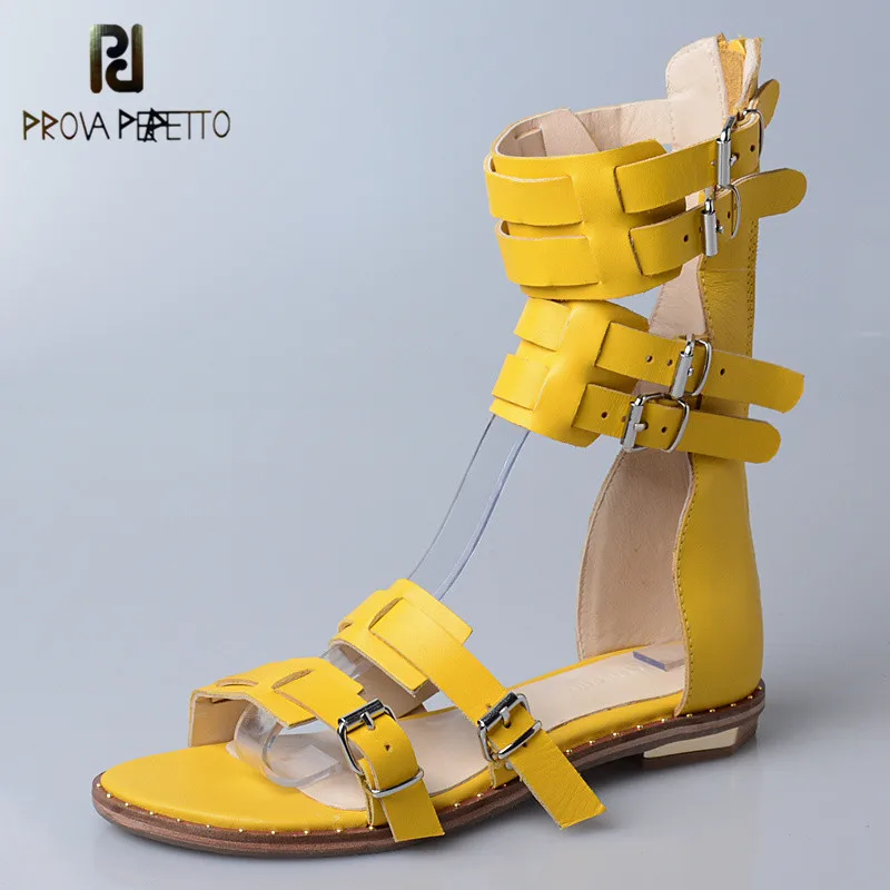 

Prova Perfetto 2018 New Design All-match Low Heel Sandals Summer Rome Style Shoes Flat with Do the Old Long Boot Sandals