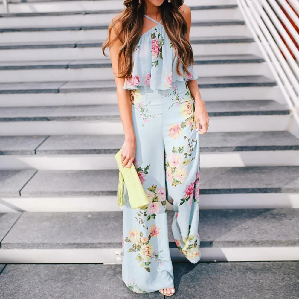 

2019 Summer Women Jumpsuits Cross Strap Halter Floral Printed Sleeveless Backless Boho Playsuit Long Wide Leg Trousers Bodysuit
