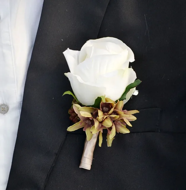 Handmade Corsages Groom Boutonniere Artificial Flower Buttonhole Silk Rose Corsage Wedding