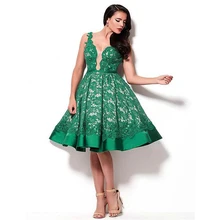 2016 Sexy A-Line Cocktailkleider Lace & Satin V-ausschnitt Ärmellose knielangen Homecoming Party Abendkleid Vestidos De Coctel