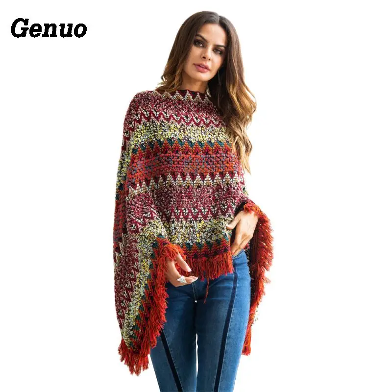 Genuo пончо с круглым вырезом, цветной блок, жаккардовый свитер с кисточками, Женский лоскутный пуловер, винтажные жаккардовые вязаные топы с бахромой - Цвет: Красный