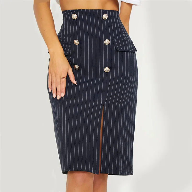 HOT sell Fashion 2018 Summer Skirt Womens Zipper Stripe Female Button Side Split Party Slit High Waist Skirt Femme Saia A06#N (3)