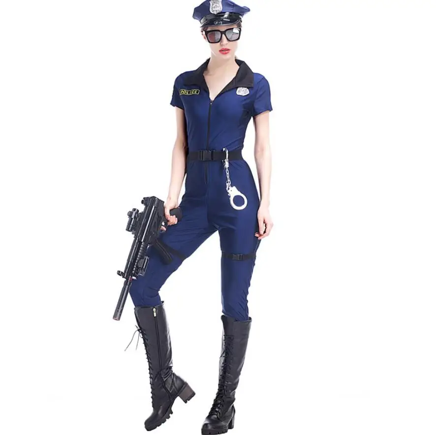 Сексуальный глубокий v-образный вырез синий полицейский комбинезон с длинным рукавом полиции Для женщин костюм для взрослых женщин на Хеллоуин вечерние полицейские офицерская форма