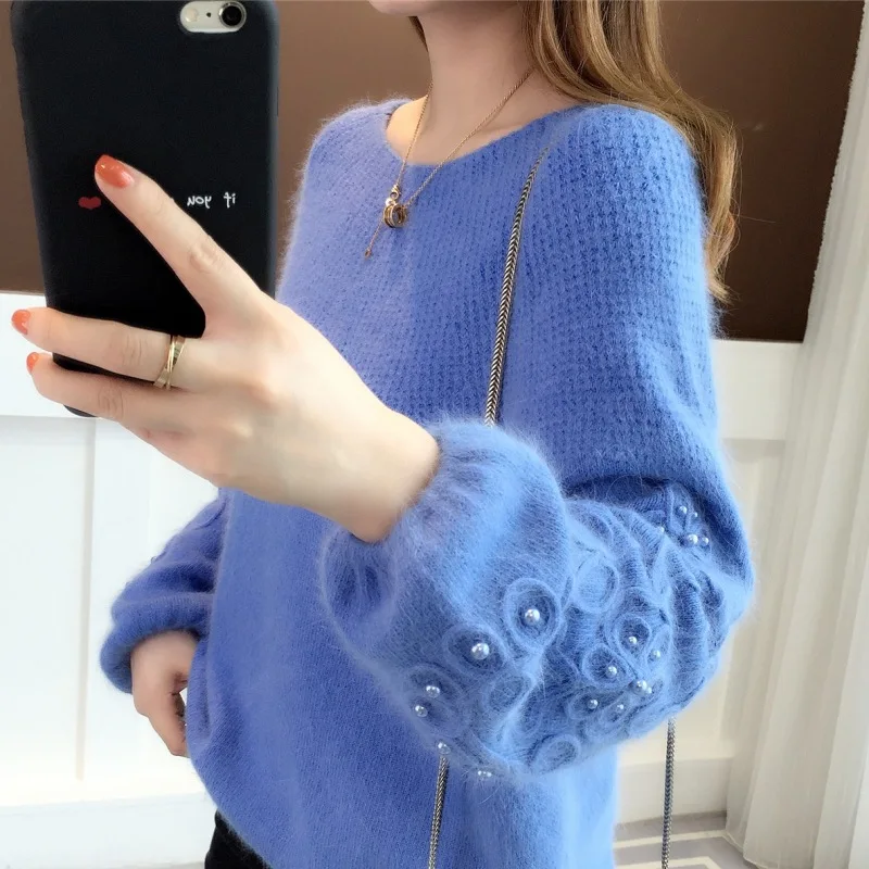

Winter Sweater Women Pearl Beaded Knitted Sweater Pullovers Women Vintage Lantern Sleeve Jumper Soft Basic Thicken Pullovers