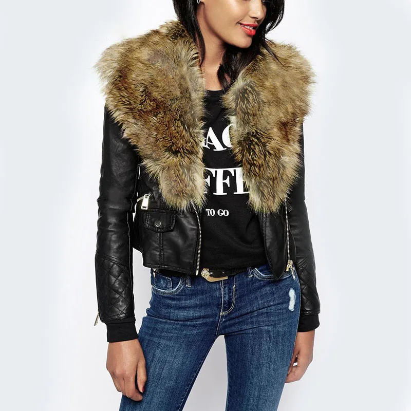 Motorcycle Jacket Top Quality Women Warm Winter Leather Fur Collar Zipper Short Waist Coat Overcoat Parkas Big Size XXXL Q4724 | Женская