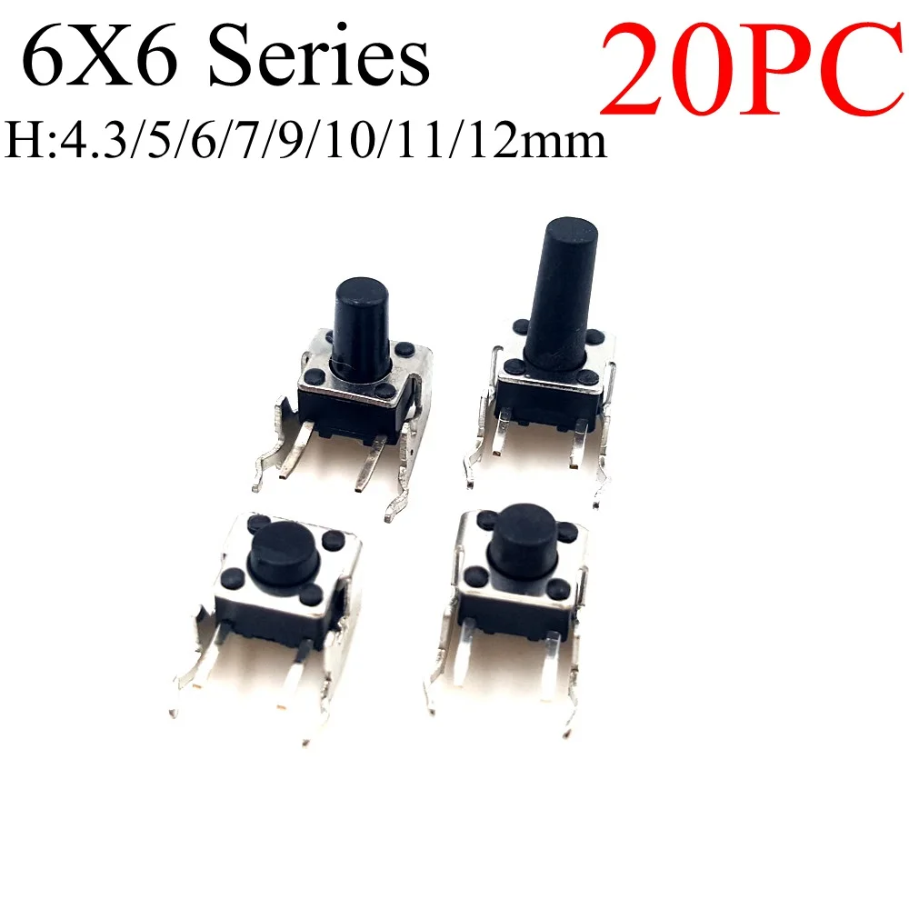 

20PC 2 Pin 2 Feet 6X6X4.3/5/6/7/9/10/11/12mm Horizontal Micro Switch Push Button Switch Tact Switch with Side Bracket
