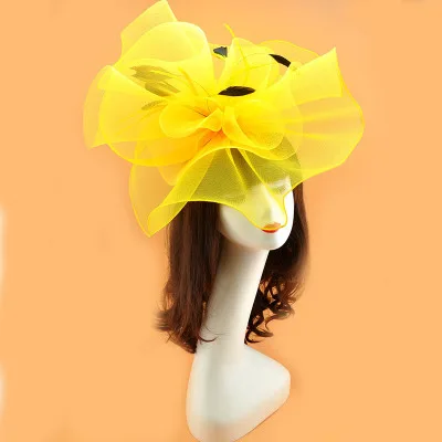Vintage Bridal Flower Feather Hats Elegant Wedding Accessories Bride Net Hats White Fascinator Hats Women's Formal Occasion Yellow
