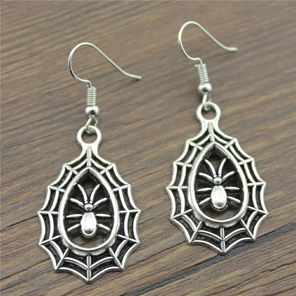 

Handmade Antique Silver Color Spider in Spiderweb Shaped Drop Earrings For Women