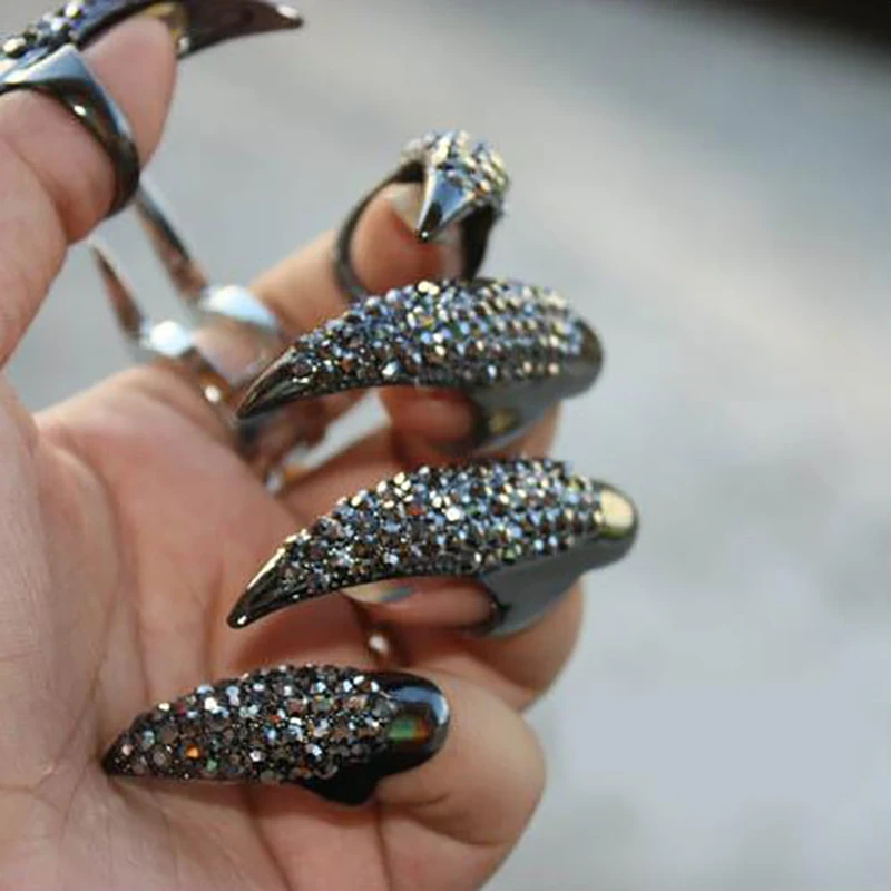 Punk Rock Full Rhinestone Crystal Long Large Cat Claw Nail Ring Sharp Paw Talon Finger Rings 3 Sizes Black Gold Colors 2R135