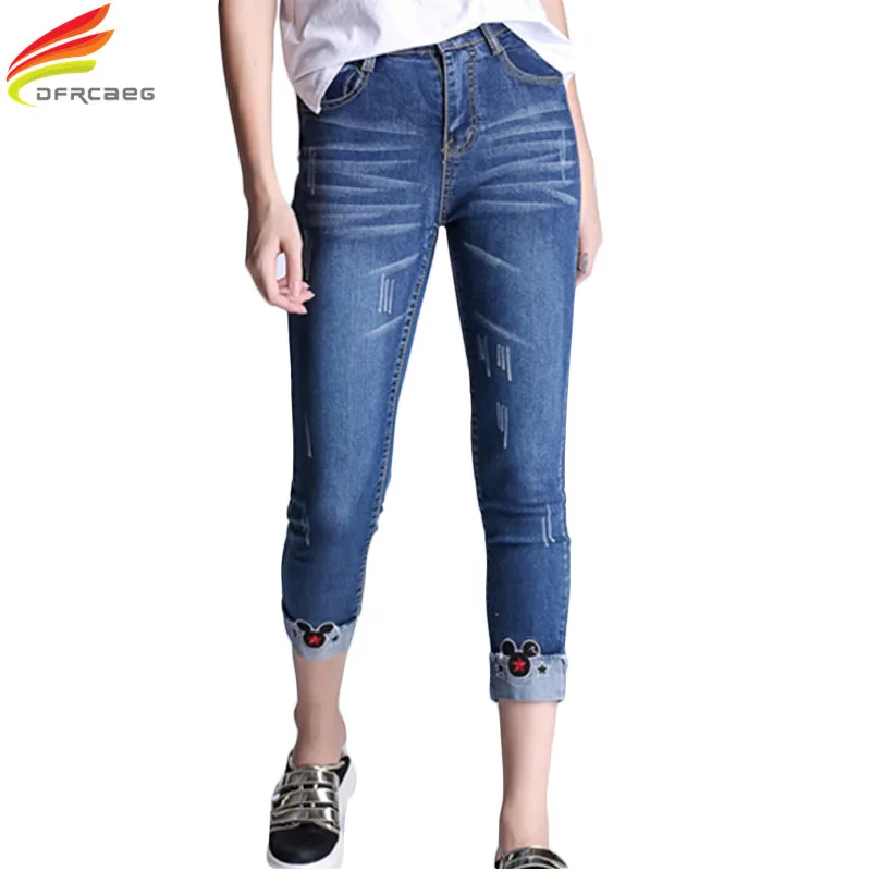 

S-5XL Ripped Jeans Women 2018 New Autumn Cartoon Embroidery Denim Jeans Blue Pencil Pants European Casual Jeans Femme Plus Size