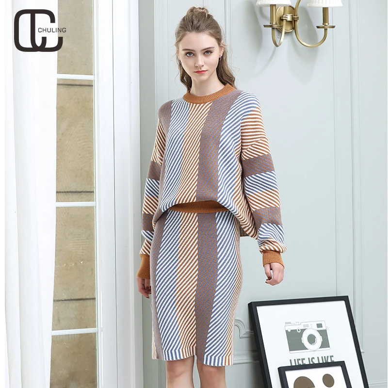 Women's Casual Two piece Knitted Sweater Set Female Plus Size O Neck Mixed Colors Pullover Tops 