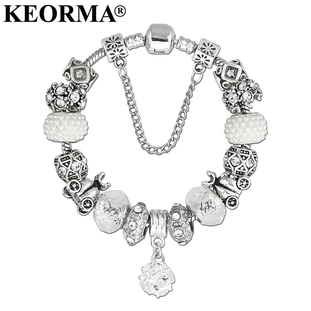 Keorma Luxury Jewelry Bracelet Female Antique Silver Color Crystal Bead Top Quality Alloy Charm