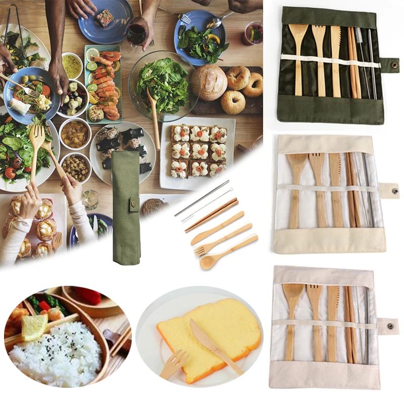 

6pcs/Set Dinner Set With Cloth Pack Gift Environmentally Travel Dinnerware Suit Wooden Cutlery Set Bamboo Portable Tableware
