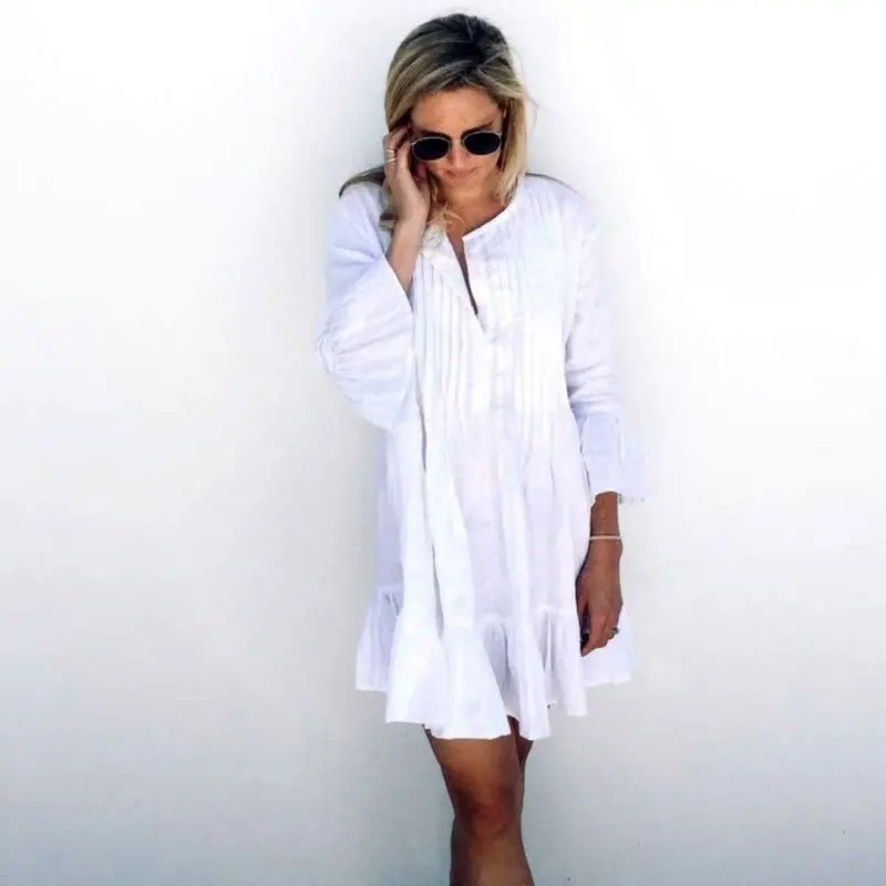 

Women Summer Long Flare Sleeve Bikini Swimsuit Cover Up Oversized Pleated Button V-Neck Blouse Pullover Tunic Tops Ruffles Hem B