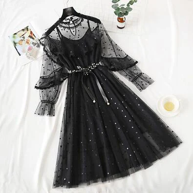 Два предмета, милое длинное платье с круглым вырезом и высокой талией, женское весеннее платье, женское тонкое Сетчатое платье в горошек с рукавами-фонариками Vestidos - Цвет: Черный
