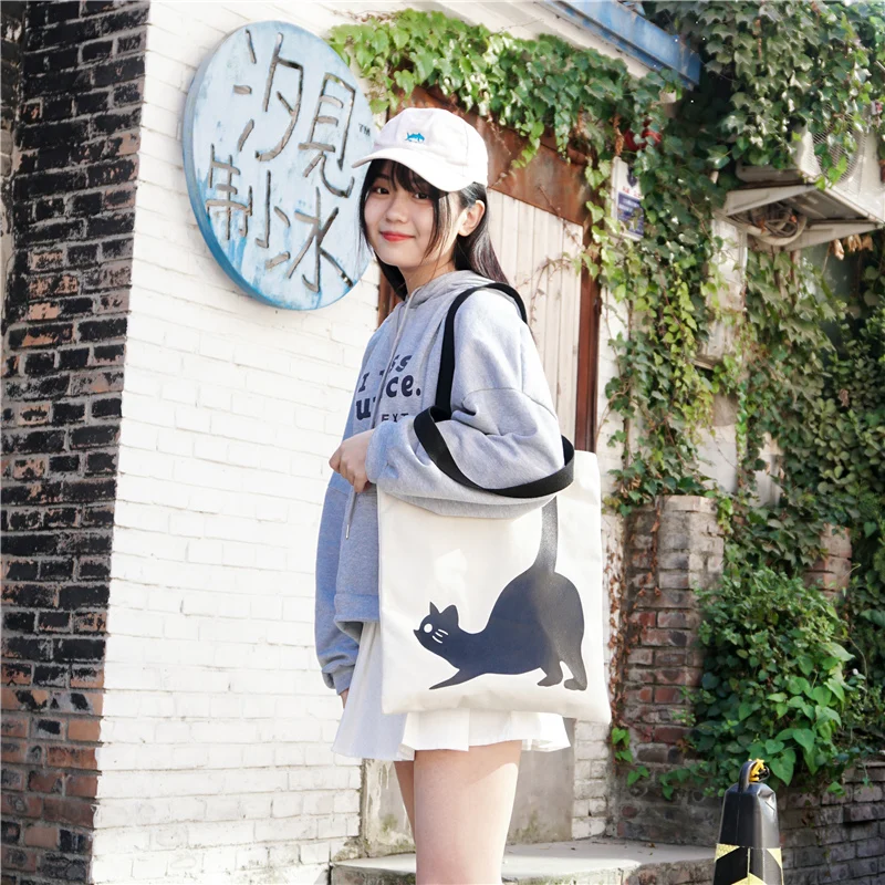JANESPRI Fashion Women Canvas Handbag Girls Cute Cat Printed Travel Shoulder Bags Causal Lady Handbags Female Shoulder Tote BagsDSC06657
